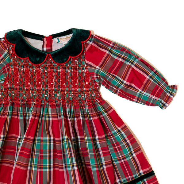 Girls Christmas Plaid Smocked Dress w/Pearls