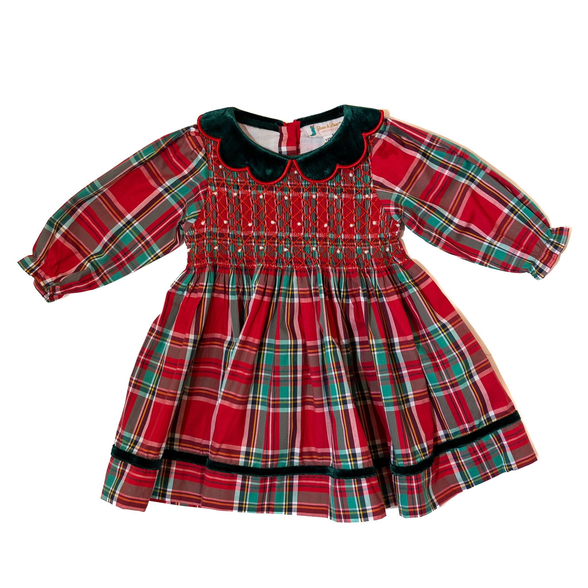 Girls Christmas Plaid Smocked Dress w/Pearls