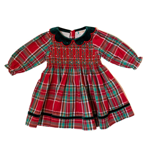 Girls Christmas Plaid Smocked Dress w/Pearls