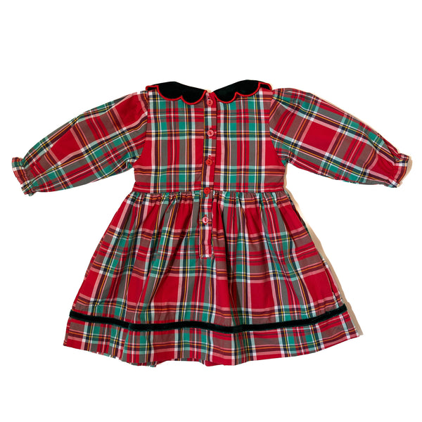 Girls Christmas Plaid Smocked Dress w/Pearls
