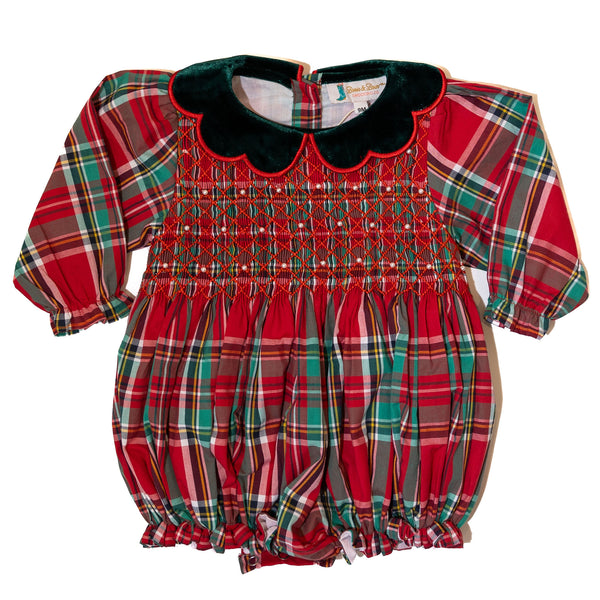 Girls Christmas Plaid Smocked Pearl Bubble