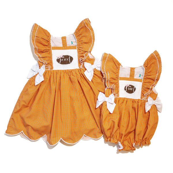 Girls Orange Smocked Gameday Football Dress