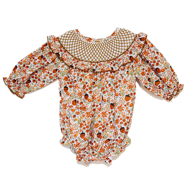 PRE-ORDER: Girls Fall Acorn Floral Smocked Bubble (ETA August)