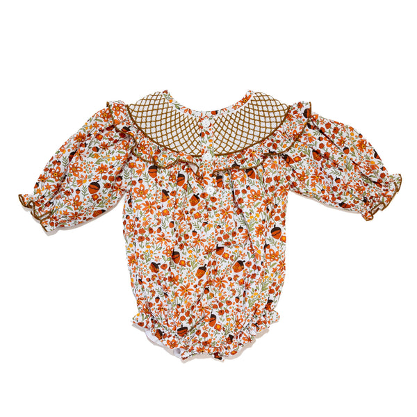PRE-ORDER: Girls Fall Acorn Floral Smocked Bubble (ETA August)
