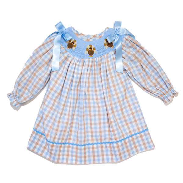PRE-ORDER: Girls Blue & Brown Plaid Turkey Smocked Dress (ETA August)