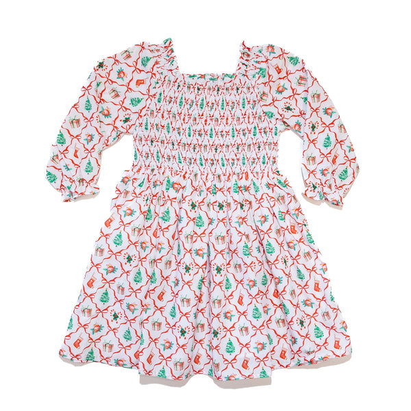 PRE-ORDER: Girls Christmas Bows Smocked Dress (ETA September)