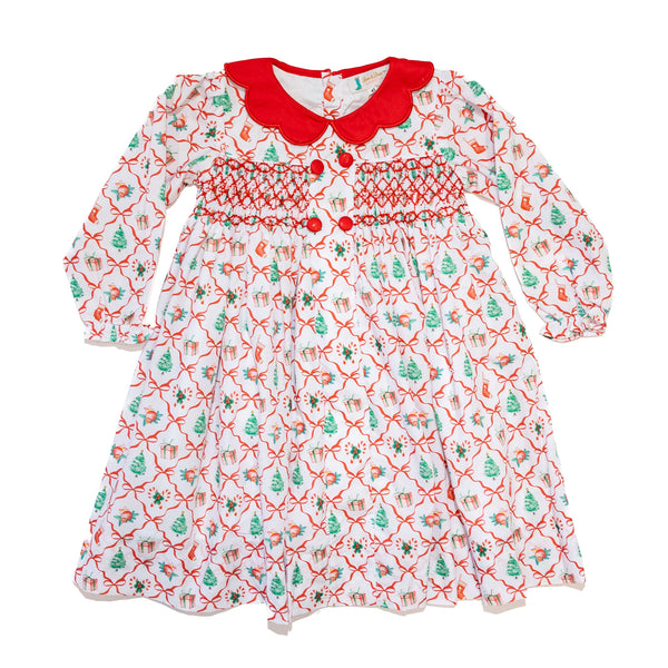 PRE-ORDER: Girls Christmas Bows Smocked Dress (ETA September)