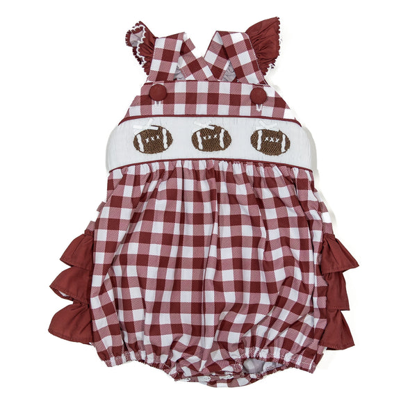 Girls Maroon Smocked Game Day Football Bubble