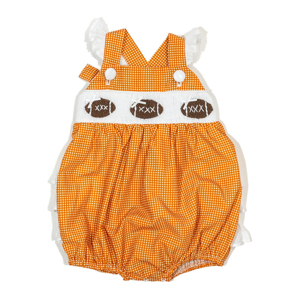 Girls Orange Smocked Game Day Football Bubble
