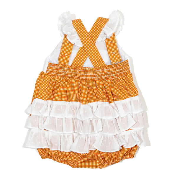 Girls Orange Smocked Game Day Football Bubble