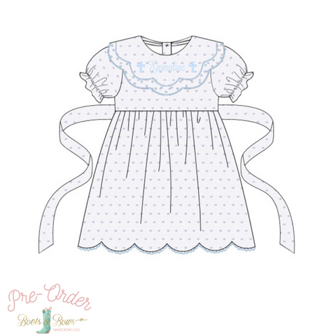PRE-ORDER: Girls Blue Swiss Dot Custom Cross Dress (ETA 12-15 weeks from order date)