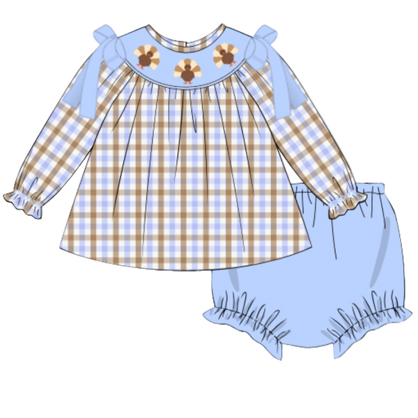 Girls Plaid Turkey Smocked Diaper Set