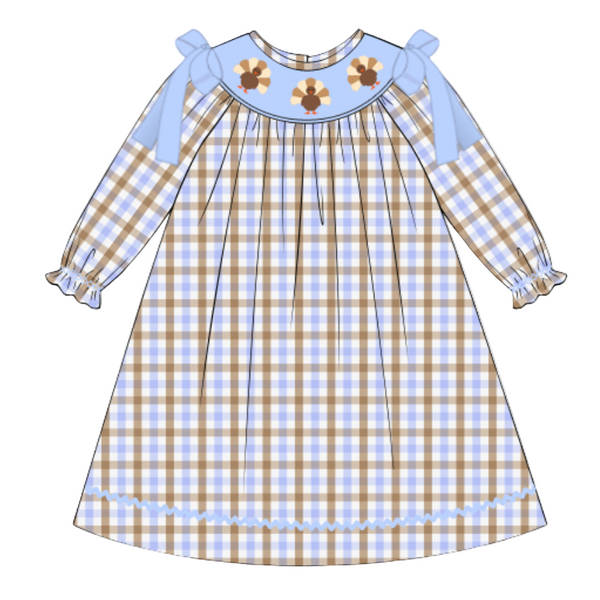 Girls Plaid Turkey Smocked Dress