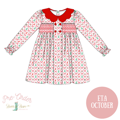 PRE-ORDER: Girls Christmas Bows Smocked Dress (ETA OCTOBER)
