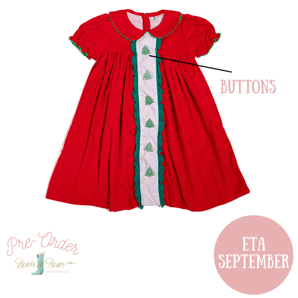 PRE-ORDER: Girls Christmas Tree Button Corduroy Dress (ETA September)