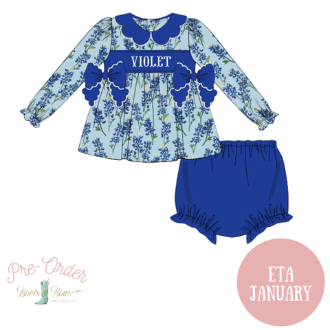 PRE-ORDER: Girls Custom Smocked Bluebonnet Dreams Diaper Set (ETA January)