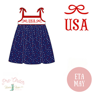 PRE-ORDER: Girls Fireworks Dots USA Smocked Dress (ETA May)