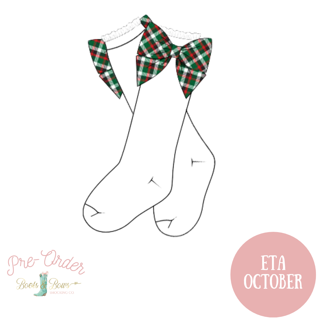Girls Green Plaid Bow Socks