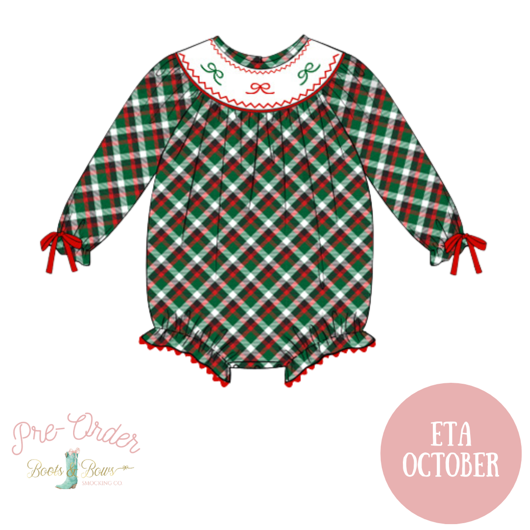 Girls Smocked Green Plaid & Bows Bubble