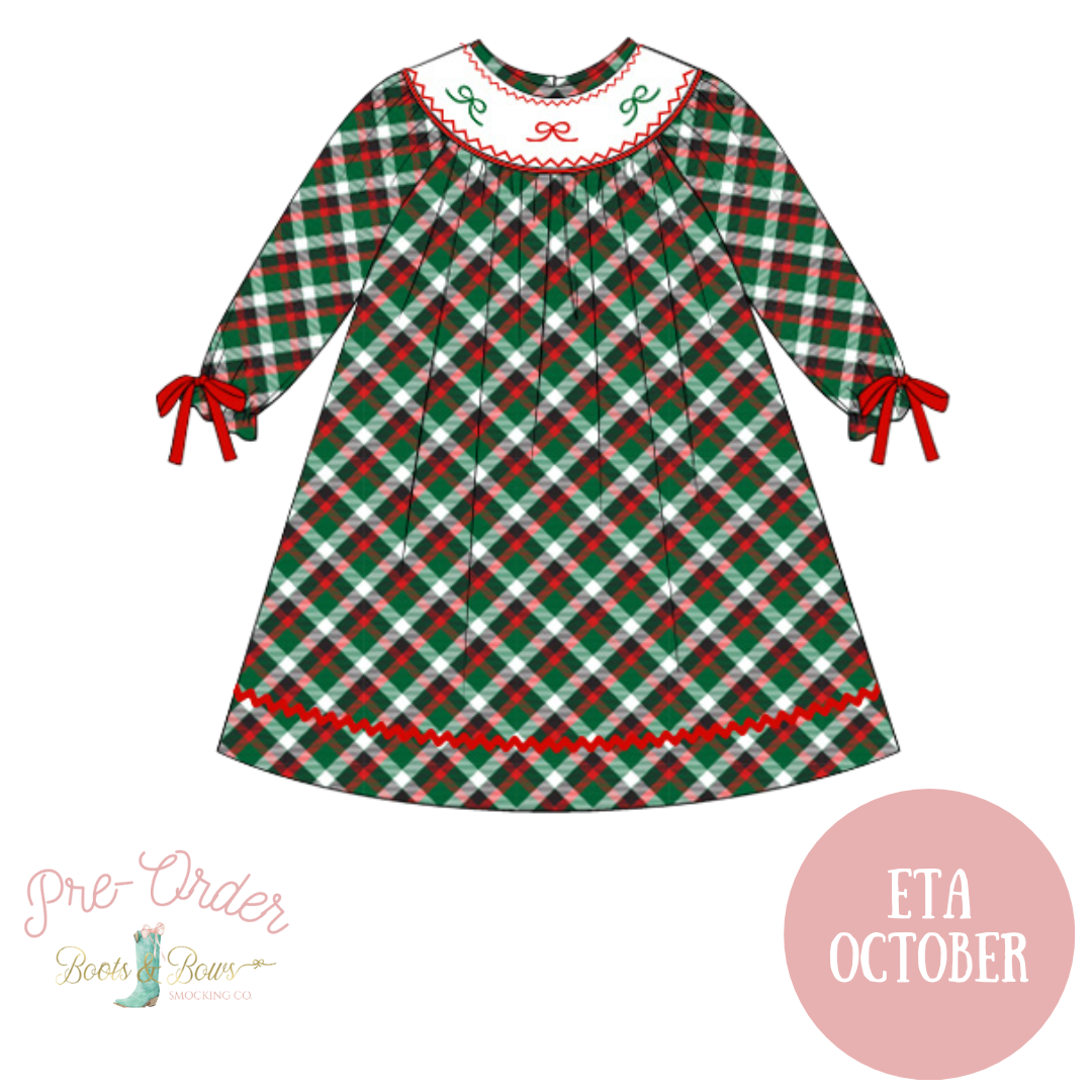 Girls Smocked Green Plaid & Bows Dress