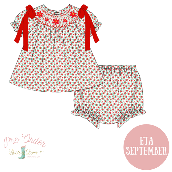 PRE-ORDER: Girls Smocked Poinsettia Diaper Set (ETA September)