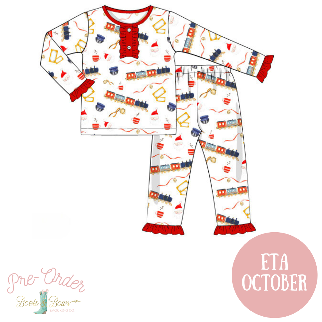 PRE-ORDER: Girls Christmas Express Train Ride Ruffle Pajamas (ETA October)