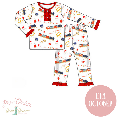 PRE-ORDER: Girls Christmas Express Train Ride Ruffle Pajamas (ETA October)