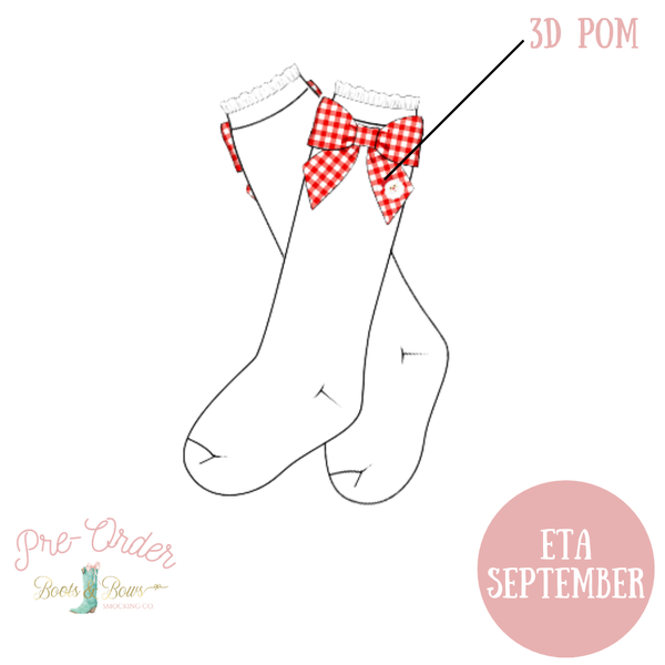 Pre-Order: Girls Red Gingham Santa Bow Socks (ETA September)