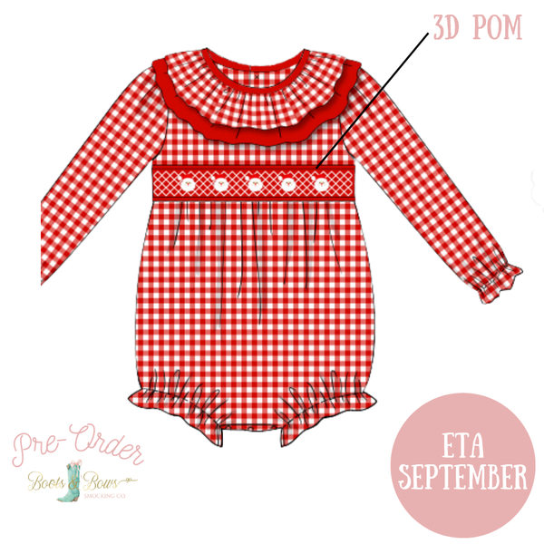PRE-ORDER: Girls Red Gingham Smocked Santa Bubble (ETA September)