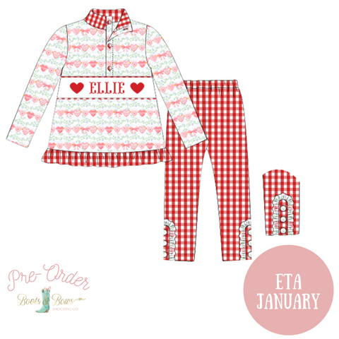 PRE-ORDER: Girls Red Hearts Custom Smocked Pullover & Legging Set (ETA January)