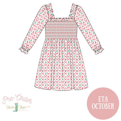 PRE-ORDER: Girls Christmas Bows Smocked Dress (ETA OCTOBER)