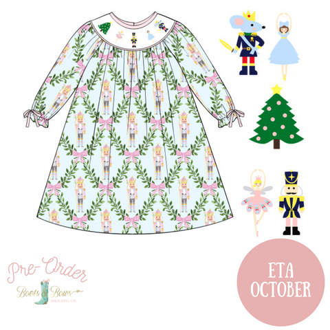 PRE-ORDER: Girls Nutcracker & Bows Smocked Dress (ETA October)