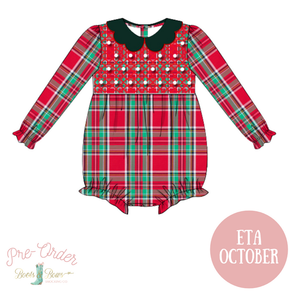 Girls Christmas Plaid Smocked Pearl Bubble