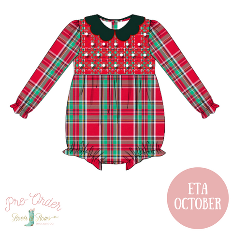 PRE-ORDER: Girls Christmas Plaid Smocked Pearl Bubble (ETA October)