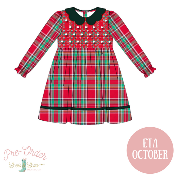 Girls Christmas Plaid Smocked Dress w/Pearls