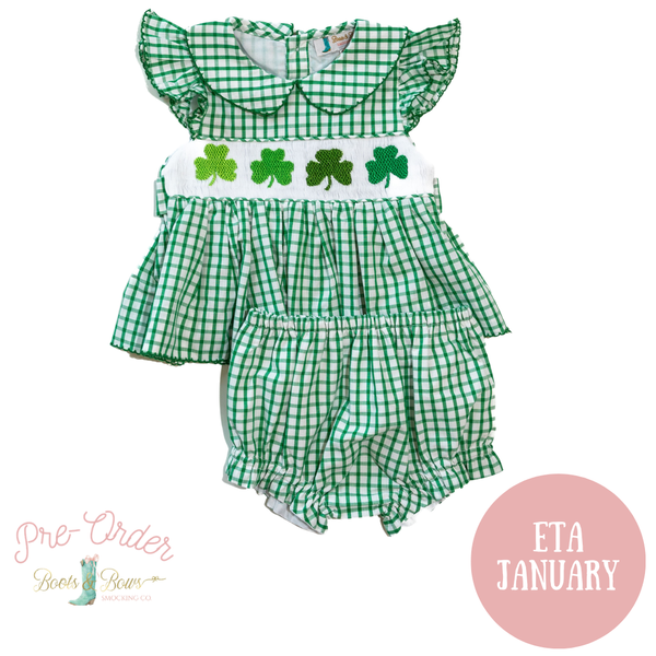 PRE-ORDER: Girls Smocked Shamrock Diaper Set (ETA January)