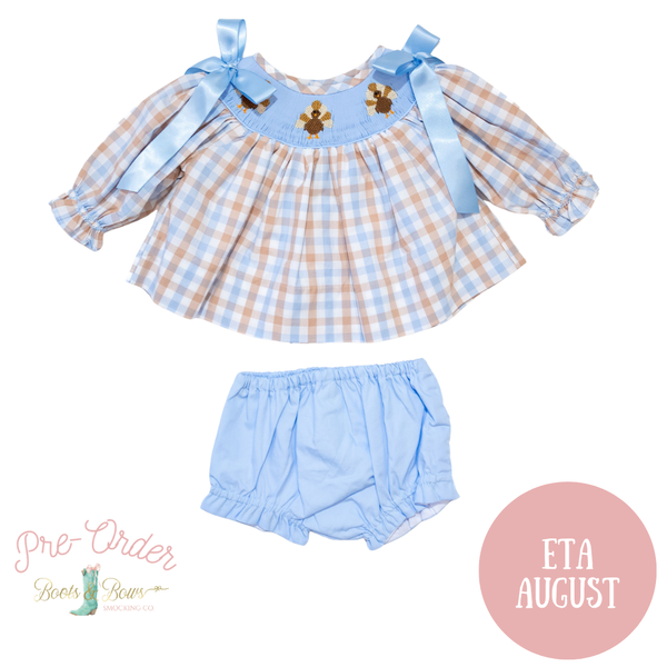 PRE-ORDER: Girls Plaid Turkey Smocked Diaper Set (ETA August)