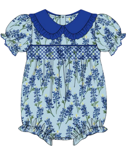 Girls Smocked Bluebonnet Dreams Bubble Boots and Bows Smocking Co. Girls Smocked Bluebonnet Dreams Bubble Boots and Bows Smocking Co.