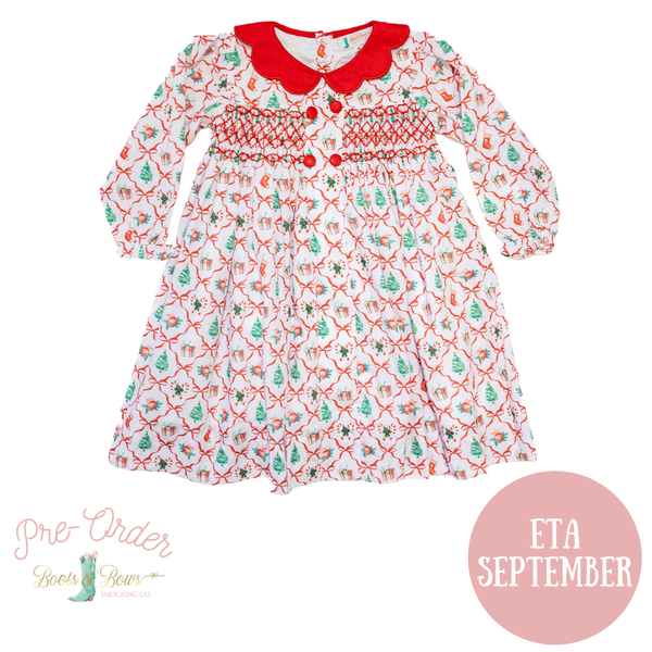 PRE-ORDER: Girls Christmas Bows Smocked Dress (ETA September)