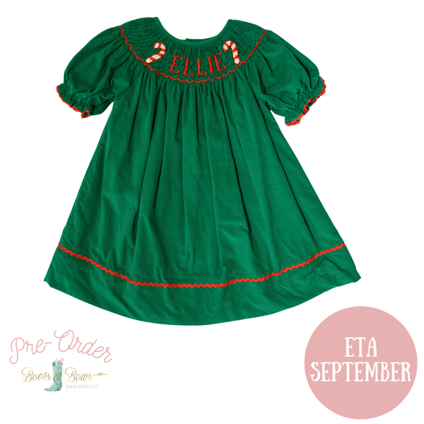 PRE-ORDER: Girls Custom Name Smocked Candy Cane Dress (ETA September)
