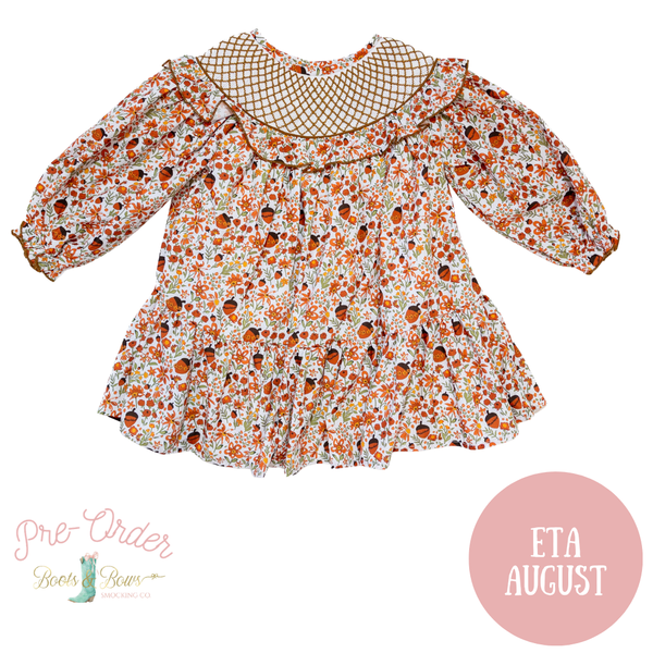 PRE-ORDER: Girls Fall Acorn Floral Smocked Dress (ETA August)
