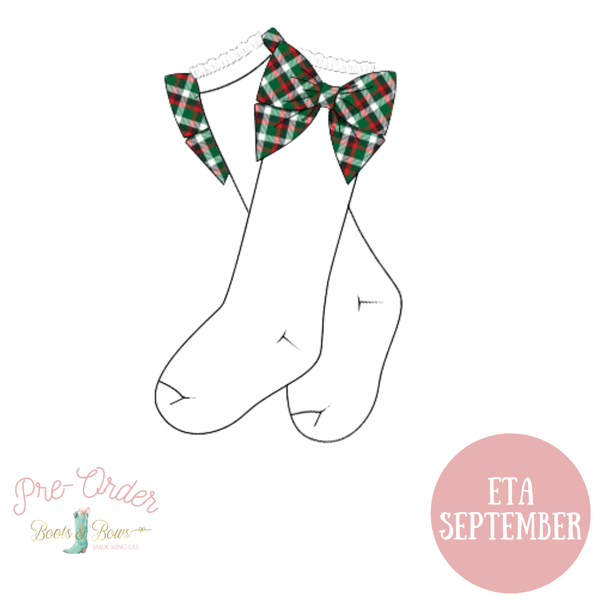 PRE-ORDER: Girls Green Plaid Bow Socks (ETA September)