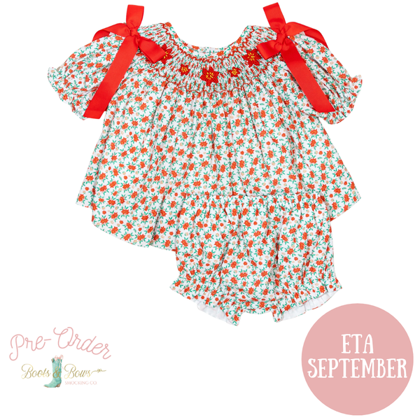 PRE-ORDER: Girls Smocked Poinsettia Diaper Set (ETA September)