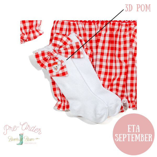 Pre-Order: Girls Red Gingham Santa Bow Socks (ETA September)