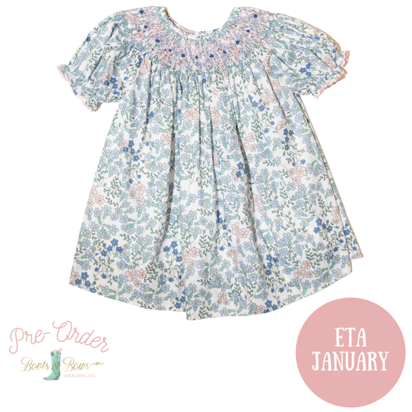 PRE-ORDER: Girls Blue Floral & Rosettes Smocked Dress (ETA January)