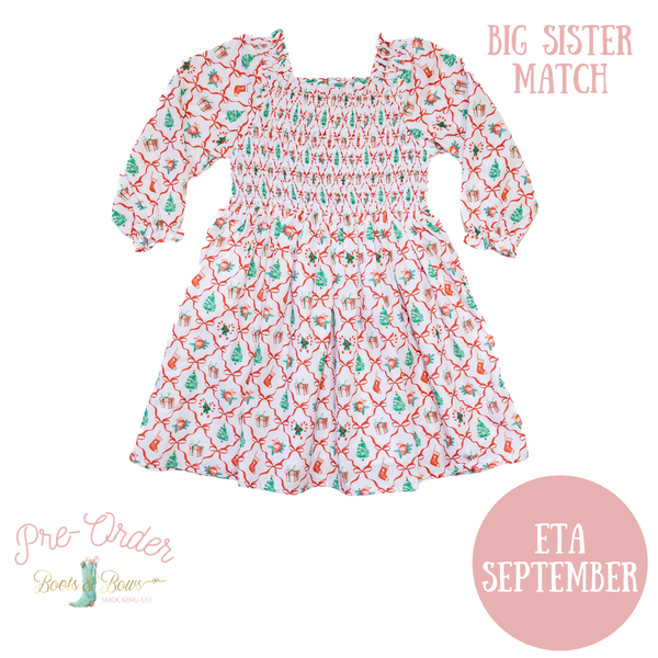PRE-ORDER: Girls Christmas Bows Smocked Dress (ETA September)