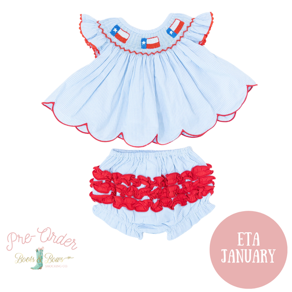 PRE-ORDER: Girls Smocked Texas Flag Bloomer Set - Light Blue Gingham (ETA January)