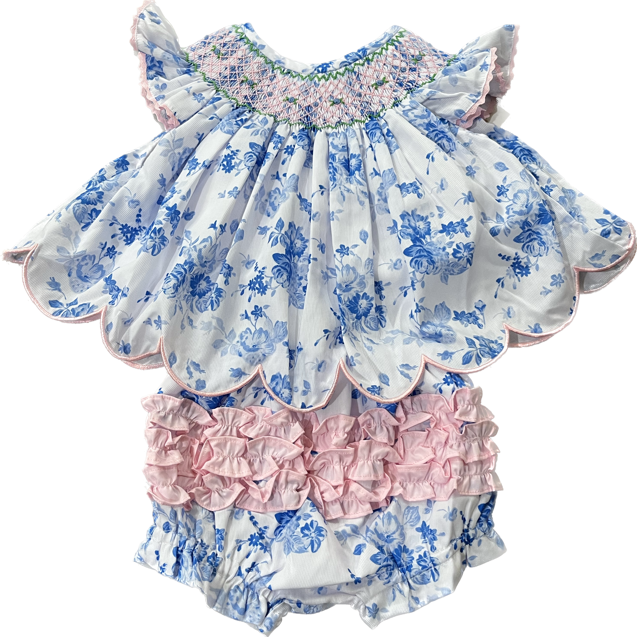 Girls Blue & White Floral Smocked Diaper Set