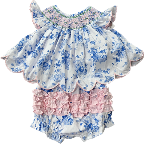 PRE-ORDER: Girls Blue & White Floral Smocked Diaper Set (ETA 12-15 weeks from order date)