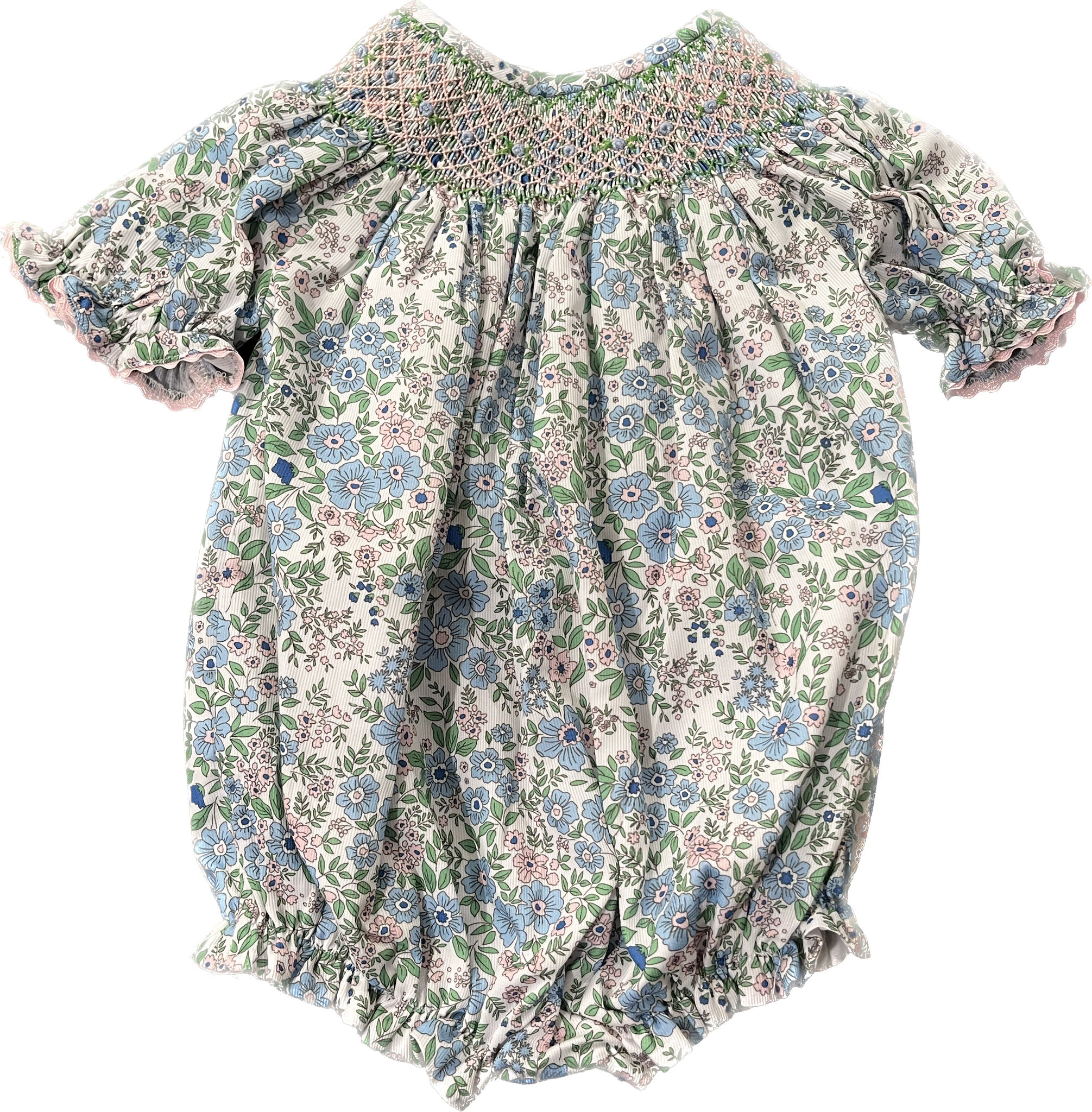 Girls Light Blue Floral Smocked Bubble
